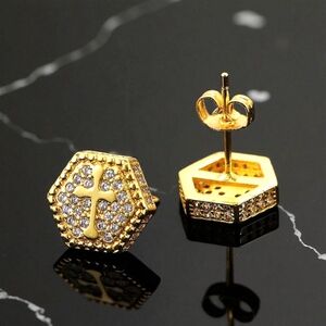 Mens Gold Hexagon Cross Stud Earrings